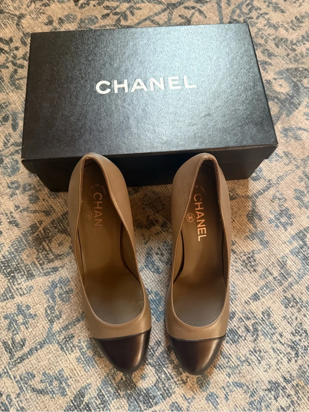 CHANEL Two-Tone Taupe and Black Cap-Toe Block Heel Pumps